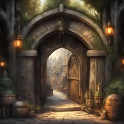 The age old entrance portal to a market for magical items. Magical, Epic. Dramatic, highly detailed, digital painting, masterpiece, lord of the rings, the hobbit