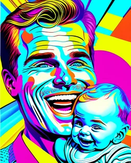 Papá feliz sonriente con su bebé mirándolo a los ojos felíz cuerpo completo colores contrastantes obra de arte arte pop impactante detallado hiperrealista 8k coherente