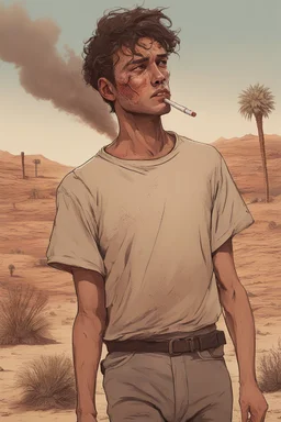 A wounded 25-year-old boy in a men's sports tee is walking in the desert with his head down, smoking a cigarette, and a scene of destruction is unfolding behind him