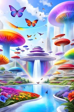 colors, very beautiful, flowers garden,rainbow, cité très futuriste ultra moderne, ufos rainbow, ufos fleet, intergalactic, birds, butterfly, cascades, falls