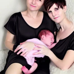 Russian tomboy boyish boylike short man's haircut boyish features in black girlish nightgown mommy in sleeproom with newborn baby