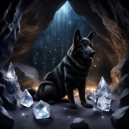 Hyper Realistic big black German-shepherd guarding silver crystals with fireflies in a cave at night