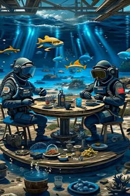 2 divers in full gear sitting at a round table having tea, the table is on the bottom of the in the dried out sea, around them are shattered dead fish, dead starfish, ship reck, 8 k realistic