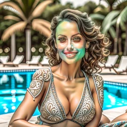 portrait photography, upper body, shot by Canon EOS 5D, outdoor, 25 years old Brazilian lady Ambrosso Sanchez, sitting near the pool, wearing bikini, she has modern style, looks very happy, sunday ambient, high quality, aged face details,sad, intricate details,perfectly correct human anatomy