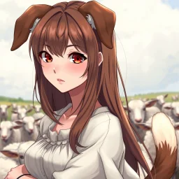 intricate details, an arrogant, confident young woman with long brown hair, red eyes, pale skin, herding dog ears and tail, anime style, sheep in a field for the background, intricately detailed, cell shaded