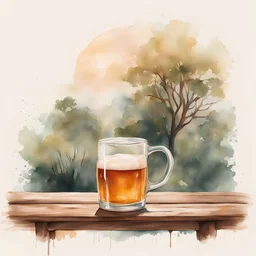 Create a an image featuring an iconic Australian element like an Akubra hat laying on a bench next to one glass of beer. Infuse the image with a celebratory and nostalgic atmosphere, capturing the essence of cherished memories and cultural significance. Emphasise a sense of joy and uniqueness in this visual representation of beloved favourites. this is intended for a teeshirt. Watercolour style.