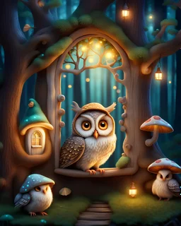 Enchanted mystical forest scene, animals in whimsical houses, magical glowing lights, owl peeking from tree window, mouse wearing mushroom hat, cozy atmosphere, high quality, fantasy, whimsical, mystical, glowing lights, woodland creatures, magical ambiance, detailed textures, warm and soft lighting