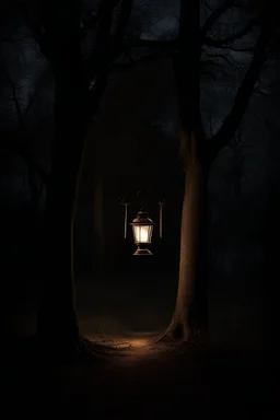 Night, lantern, square bench, dirt roads, trees, gothic horror films influence, creepy, photography