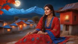 The image should depict a serene evening scene of a traditional Pakistani village at beautiful dark night with full cloudy moon behind her, featuring a (closeup face view of a) young happy woman adorned in a vibrant red and blue checkered dress with golden embroidery, surrounded by rustic houses, thick trees with she is sitting by the tree on orange dry leaves falling and breathtaking mountain landscapes along with lots of dry orange leaves fallen on the ground, bathed in soft golden light and d