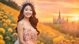 A gorgeous smiling Asian model in a fairy outfit in a field of flowers at sunset a crystal castle at background