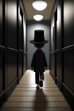 Seorang anak laki-laki berbaju hitam, bertopi hitam, berkacamata dan bersepatu, berjalan di lorong, 3D animation