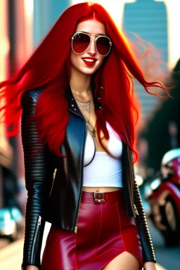 pretty young girl, red long haired, nice smile, sunglasses, headphones, nice body, big bubs and nice legs, little leather jacket, skirt and boots rocker fashion