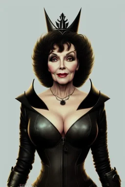 Joan Collins as evil queen in black leather, leather, busty, cleavage, angry, stern look. character design by cory loftis, fenghua zhong, ryohei hase, ismail inceoglu and ruan jia. unreal engine 5, artistic lighting, highly detailed, photorealistic, fantasy