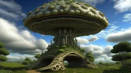 A huge, fantastical mushroom-like structure with intricate, organic shapes and textures, rising from a lush, forested landscape against a spectacular sky.