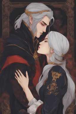 A couple from the dnd game curse of Strahd kissing. She has white hair he has long black hair. Romantic, sweet, loving, possessive, protective, kiss