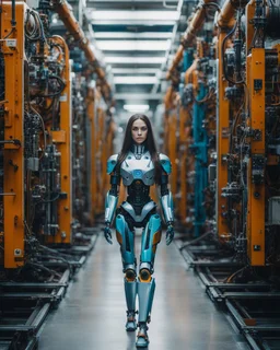 potrait photography cinematography colors a beautiful woman long hair humanoid robot walking in between two rows of complex machinery with vibrant colors