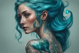 Portrait of an old mermaid, shimmering turquoise tail, tattoo, high resolution, Artstation trends, fine details, 8K