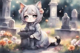 cute chibi cat girl in the graveyard, sadly sitting next to a grave, flowers in her hand in sunshine, melting watercolor and black ink outlines on wet paper, shading colors, soft strokes, ethereal, otherwordly, cinematic postprocessing, bokeh, dof