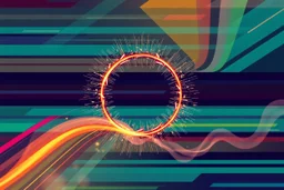 background of energetic and colorful horizontal stipes and wedges, rotating circle of energy(midground, bottom and right) giving off sparks, smoke trail across(bottom and then up left), as a simple vector
