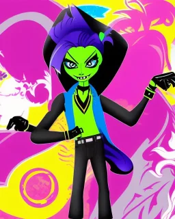 Character from Monster High, male, cannibal, body color is dark, eye color is yellow, sportswear, illustration, cartoon style