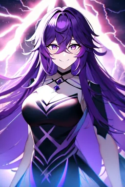 girl, masterpiece, best quality, cinematic lighting, detailed outfit, vibrant colors, perfect eyes, purple eyes, long hair, purple hair, messy hair, hair between eyes, depth of field, ray tracing, lightning magic, angry, smile,