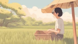 Rice field，Trees，Warm color palette，Animation，A lovely grasshopper，People who work