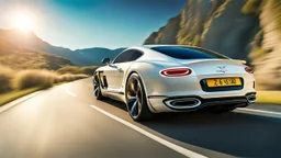 A sleek white shiny (((Bentley Porsche))), its contours and details perfectly captured in a (((cinematic view))), zipping along a winding road under a beautiful blue black night sky