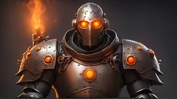 Warforged robotic cleric, with round orange glowing eyes, no helmet, copper chain mail medieval armor, medieval style, dungeons and dragons