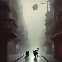 Antropomorph cat walking in streets, greg rutkowski, matte painting, hyper detailed, felix kelly, Jean Baptiste Monge, architecture croquis drawing