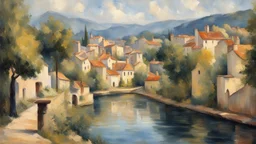 Style Cézanne, calm beauty, sunlight, French village with river, peaceful, beautiful composition, exquisite detail