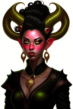 tiefling woman wearing black, she is evil