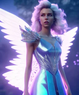 A crystalised queen, atmospheric, realistic, unreal engine, cinematic lighting, octane render. blue, pink, transparency, light, shine,bright, full body, transparent wings, blonde, long hair, smile