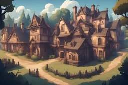 a small village with a few houses and a big mansion on top in the style of an old point and click adventure game