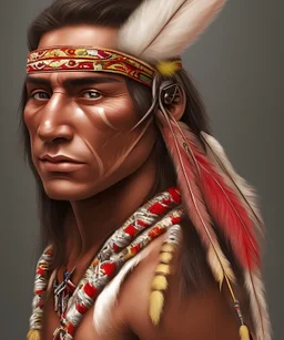 Guaicaipuro, native american face, Muscular warrior, three red feathers headband, holding spear