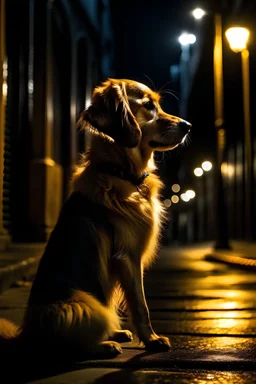 perro de palo con capa dorada en la noche en una ciudad tenebrosa con luz tenue