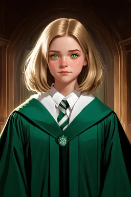 16 year old white woman with shoulder length dirty blonde hair and green eyes in Slytherin house robes