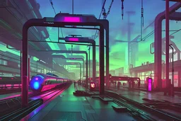 Cyberpunk city rail station, black steel neon skies with red, blue, purple, and green, vines and flowers, dark outside