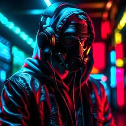 A man wearing masked with headphones, cyberpunk, neon light, hd