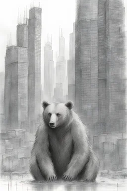 A humanoid bear in the city against the background of high-rise towers, 2500 A.D., black pencil, sketch, Dmitry Kustanovich