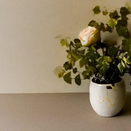 photo of a small cracked ceramic vase repaired with gold, kintsugi, beautiful, vines and leaves, rosebuds, delicate, cinematic, high detail, beautiful composition, delicate arrangement, aesthetic, soft lighting, award winning photography, tender