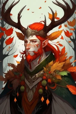 red hair autumn harvest Eladrin Male antlers full leaf beard druid