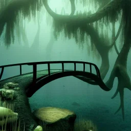 Underwater Forest, Trees, Wood Bridge Submerged, Fish, 8k Resolution, Fine-Detail, High-Quality, Intricate, Detailed Matte, 3d Octane Render, Beautiful, Stunning, Brian Froud, Selina French, Howard Lyon, Greg Rutowski, Annie Dittman, Annie Stokes