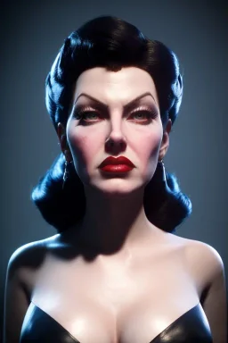 Lana Turner as evil queen in black leather, leather, busty, cleavage, angry, stern look. character design by cory loftis, fenghua zhong, ryohei hase, ismail inceoglu and ruan jia. unreal engine 5, artistic lighting, highly detailed, photorealistic, fantasy