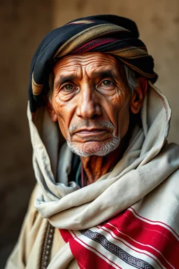 The description paints a vivid image of a man whose life's journey is etched into his very countenance. Each feature speaks to a story of wisdom gained, challenges overcome, and a quiet confidence earned through years of experience. His traditional attire wraps him in the heritage of his culture, a testament to the pride he carries in his roots. This is a man who commands respect not through words, but through the silent tales told by his presence. A portrait of such a man would not just capture