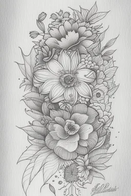 line tattoo design, neo traditional, flowers in a cirkel, detailed