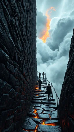 Fire under narrow black stone path above the ground gradually getting higher into the clouds no railings, dangerous drop people in black leathers medievil period weather is wet spiraling into the clouds fantasy,