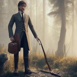 Full body, 3d render, Harry Potter 1800's men style, 1800's hair style, 1800's men clothes style, hunting, hyper realistic, octane render, unreal engine 5, 8k, palace background, uhd