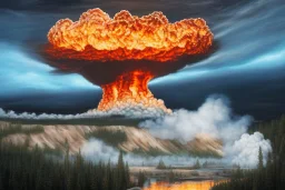 beautiful oil painting, yellowstone national park, nuclear explosion hits caldera, mushroom cloud, intense, intricate, extreme detailed, small minutiae, tiny features, particulars, nature, wood, rocks, stones, dust, smoke, particles, volumetric lighting, volumetric clouds, shaded colors