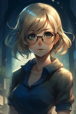 Anime girl, glasses, short hair, blonde, standing, bottom view, looking at the camera