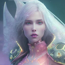 A portrait of a crystalised queen, atmospheric, realistic, unreal engine, cinematic lighting, octane render, transparent, pink turquoise light, long blond hair, pink lips, extremely sharp detail, finely tuned detail, ultra high definition, 8 k, unreal engine 5, ultra sharp focus, accurate sword wings, positive smile, highlight luminous suit blue and pink